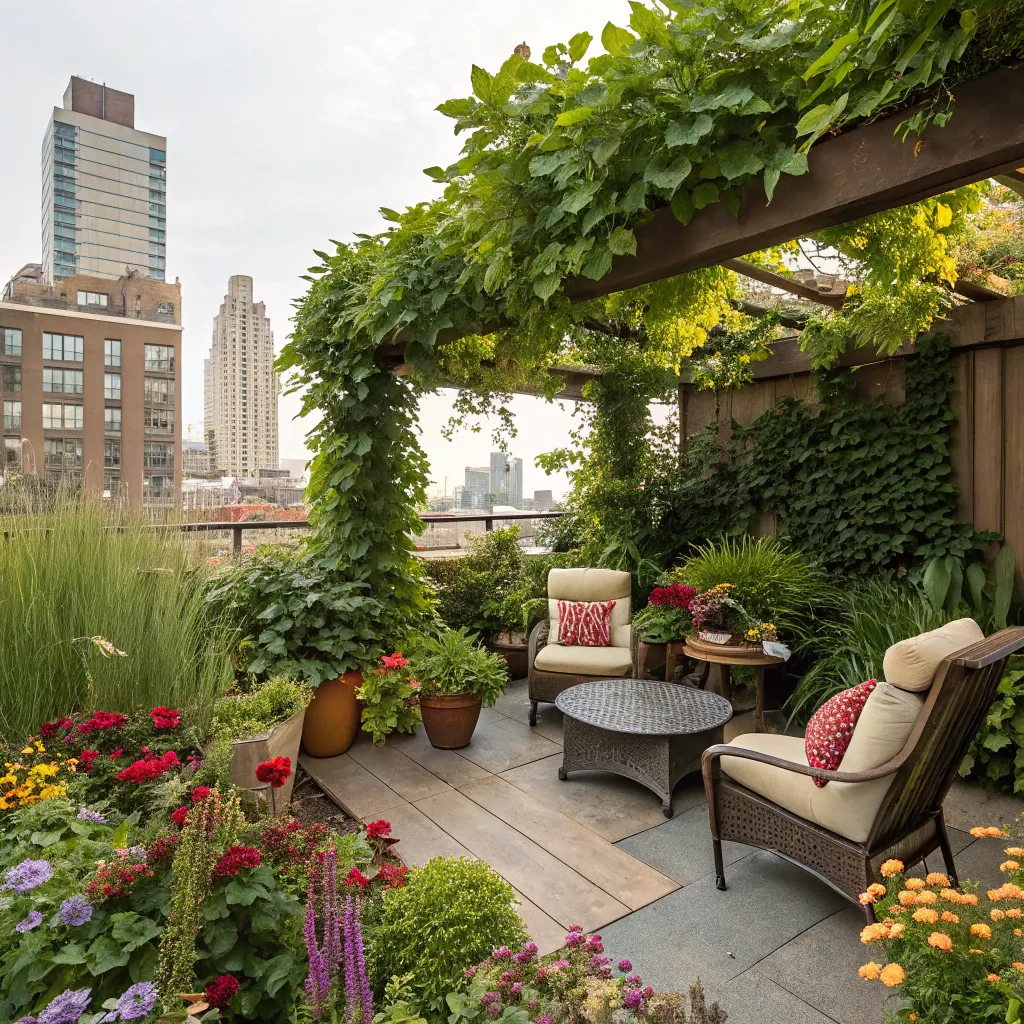 Lush rooftop garden with a variety of plants and seating area